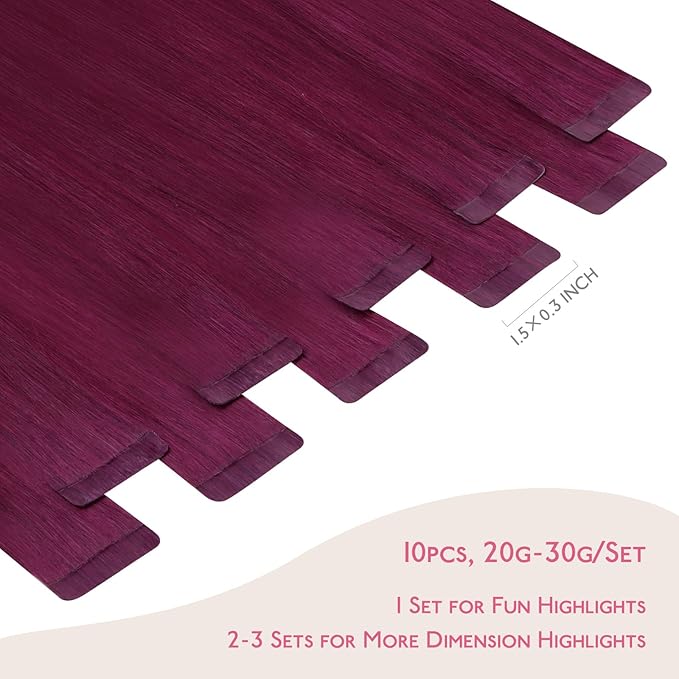 WENNALIFE Tape in Hair Extensions Human Hair Light Burgundy Tape in Extensions, 10pcs 20g 10 inch Remy Invisible Tape Ins Straight Colored Soft Real Human Hair Tape in Extensions Refill Set Extensions