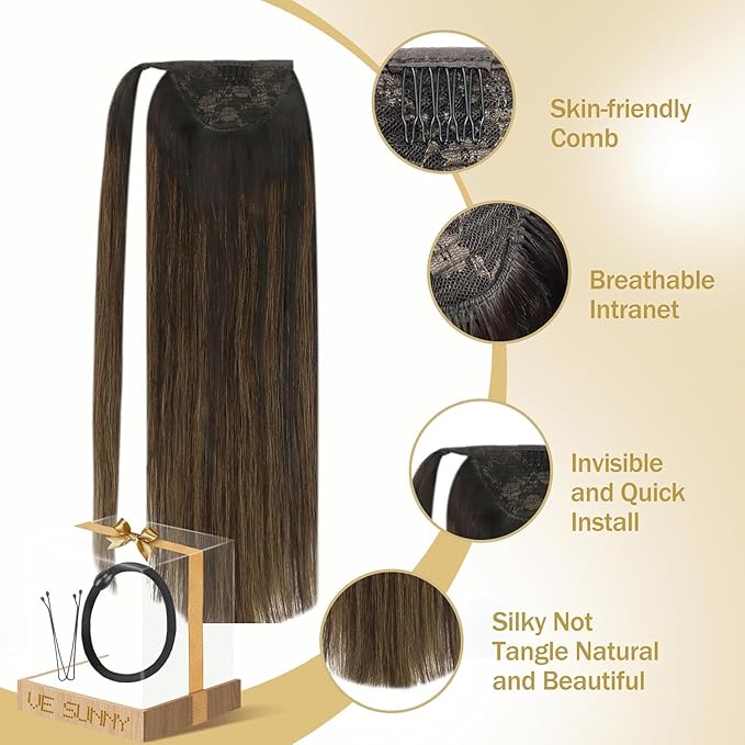 Ve Sunny Hair Extensions Ponytail Real Human Hair Wrap Around Clip in Ponytail Hair Extensions Straight Extensions Human Hair for Women Dark Brown Balayage Chestnut Brown 20inch 80G