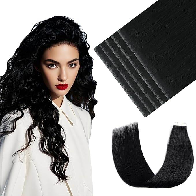 Youngsmile Injection Tape in Hair Extensions Real Human Hair, #1 Jet Black 16 Inch Invisible Edge Tape in Injected Hair Extensions, 20pcs 35g, Straight Remy Virgin Human Hair Tape ins (#1,16'')