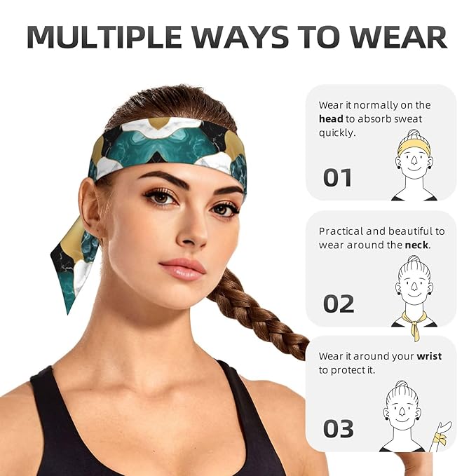 Boys Girls Cool Sports Sweat Band Head Decor for Running Athletic Spa, Long Multipurpose Abstract Watercolor Painting Gold Blue Turquoise Black White Gray Marble Head Ribbon Headdress