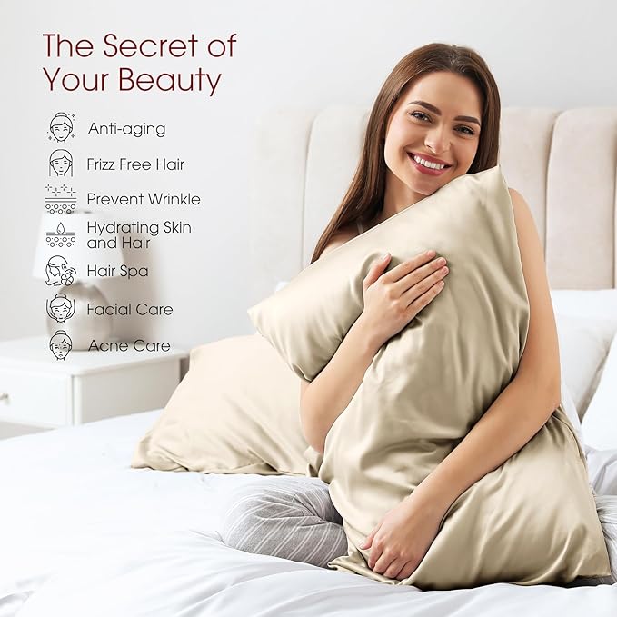 100% Silk Pillow Cases 2 Pack Standard Size Mulberry Silk Pillowcase for Hair and Skin Set of 2 Highest Grade 6A Silk Soft Breathable Cooling with Hidden Zipper, Beige
