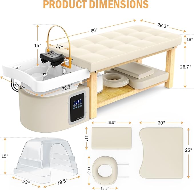 pouseayar Stationary Head Spa Massage Table with Water Cycle & Fumigation Salon Equipment for Beauty Head Spa Physical Therapy Massage, Wood Frame, Beige Gray PU Leather