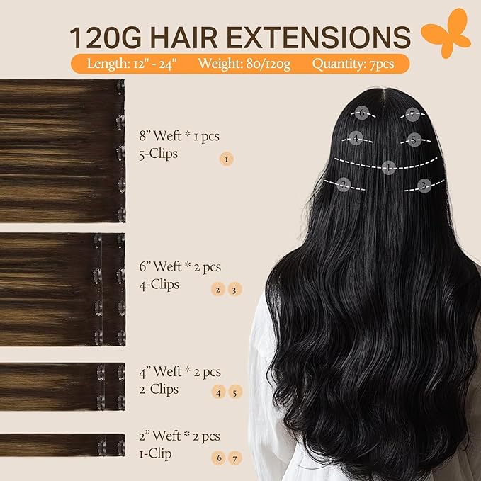 DOORES Human Hair Clip in Extensions Balayage Dark Brown to Chestnut Brown 20 Inch Clip in Hair Extensions Straight Natural Hair Extensions Thick Remy Extensions 120g 7pcs