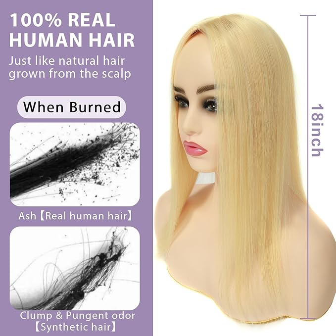 18 Inch Length Hair Toppers for Women with Thinning Hair, 3x5 Inch Injected Silk Base 130% Density Hairpieces #613 Bleach Blonde