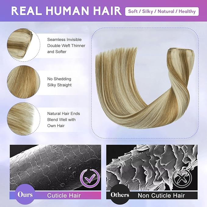 Blonde Clip in Hair Extensions Real Human Hair, 24 Inch 120g Natural Human Hair, Remy Human Hair Extensions Cip ins for Women 8pcs Per Set #16/22 Light Blonde Highlighted Golden Blonde