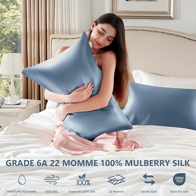 Silk Pillow Cases 2 Pack King Size Mulberry Silk Pillowcase Set of 2 for Hair & Skin 36 x 20 Inches 22 Momme Both Sided Grade 6A Silk Soft Breathable Cooling with Hidden Zipper, Grey Blue