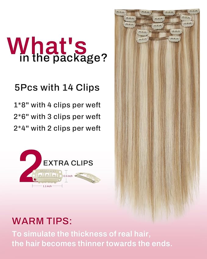 Moresoo Blonde Highlight Clip in Hair Extensions Light Brown with Highlights for Women Short Human Hair Clip in Extensions Light Brown with Platinum Blonde Double Weft 80g/5pcs 12in