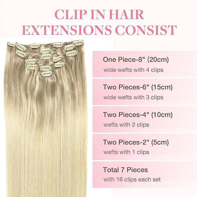 Googoo Blonde Clip in Hair Extensions Remy Human Hair Ombre Hair Extensions Clip in Hair Full Head Ombre Blonde Color 7PCS