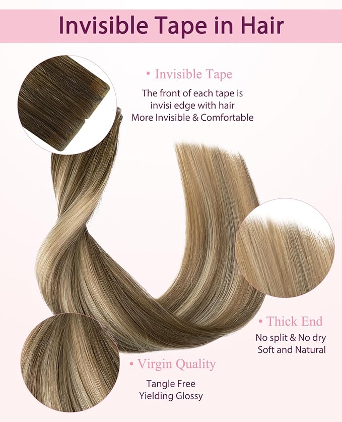 Pinkpearl Invisible Tape in Hair Extensions Human Hair, 20pcs 14inch 40g #3/8/22 Balayage Walnut Brown to Ash Brown and Golden Blonde Injection Tape in Extensions Real Remy Human Hair Injected