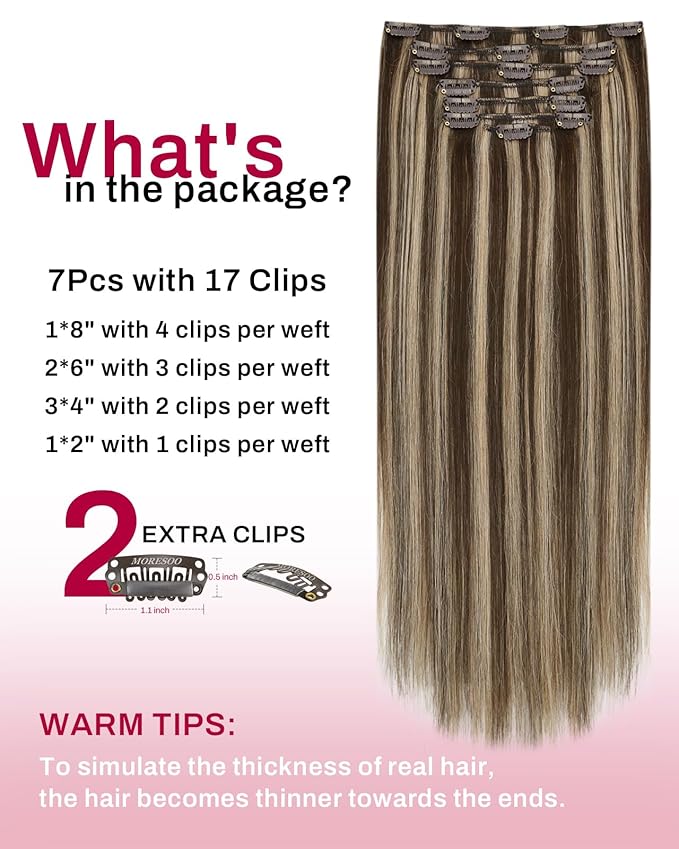 Moresoo Clip in Hair Extensions Human Hair Dark Brown Highlight Double Weft Human Hair Clip in Extensions Dark Brown with Caramel Blonde 7pcs 120g 22Inch