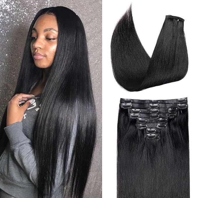 Seamless Clip in Hair Extensions Real Human Hair Straight Remy Human Hair Clip in Extensions for Women, Natural Soft Silk Straight Human Hair PU Thin Weft 8Pcs 120g 20inch #1B Natural Black