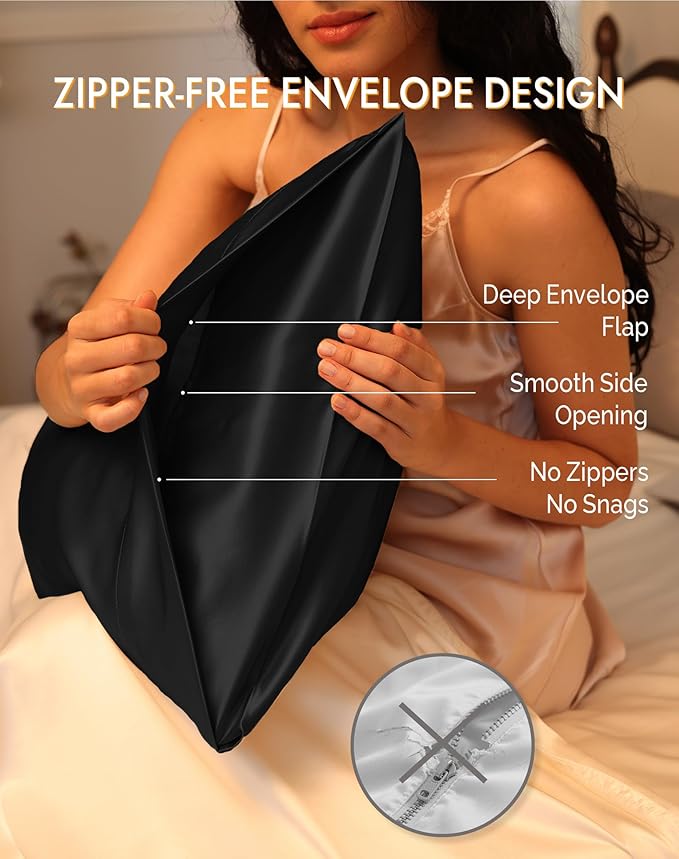 SilkSilky 100% Mulberry Silk Pillowcase - Pure 22 Momme High-Grade 6A Fibers for Hair & Skin, Envelope Closure, Natural, Organic, Breathable & Cooling Pillow Case (King, Black)