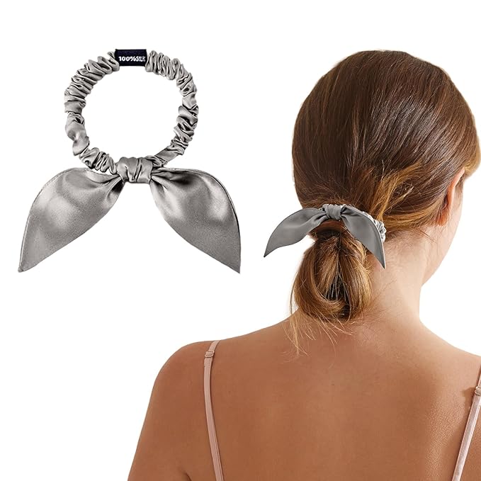 THXSILK Hair Silk Scrunchies with Bow for Women Pure Mulberry Silk Hair Cute Ring Ties Scrunchies for Girls Women's Thick Hair, Grey, 2.8"