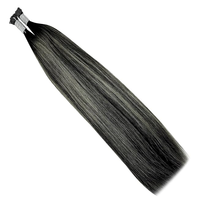 YoungSee I Tip Hair Extensions Human Hair Ombre Black 16 Inch I Tip Hair Extensions Human Hair Balayage Black with Silver Itip Hair Extension 80s 50g Itips Hair Extensions Real Human Hair for Women