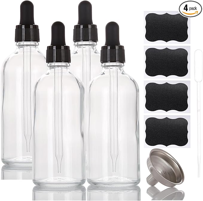 3.4 oz Glass Dropper Bottles,4 Pack 100ml Empty Reusable Leak Proof Thick Tincture Bottles for Essential Oils,Hair Oil,Liquids,Laboratory,Pharmacist Bottle,Massage,Perfumery Aromatherapy