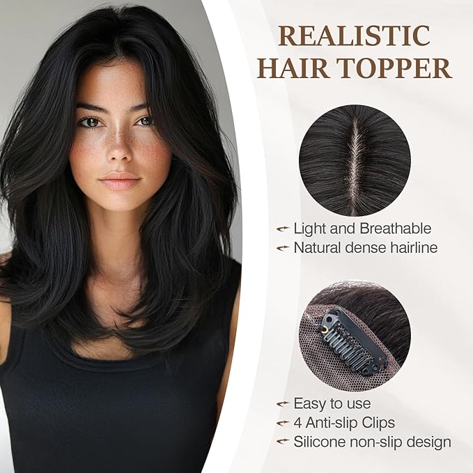 Rich Choices Hair Toppers for Women Real Human Hair 100% Human Remy Toppers NO Bangs for Women with Thinning on Top Clip in Hairpiece 4"x4.7"Lace Base 6 Inch #1B Natural Black