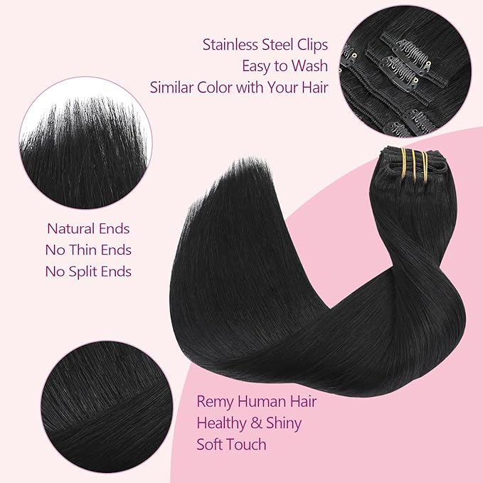 PINKPEARL Clip in Hair Extensions Real Human Hair #1 Jet Black Human Hair Extensions Clip ins 16 inch Extensions Human Hair Clip 120g 7pcs Straight Thick Natural Human Hair(#1-16)