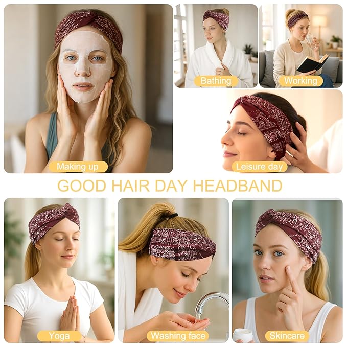 Artilady 6 Pack Boho Headbands for Women - Wide Bandana Headband Non Slip Stretchy Cheetah Paisley Print Turban Headwarp Twisted for Girls