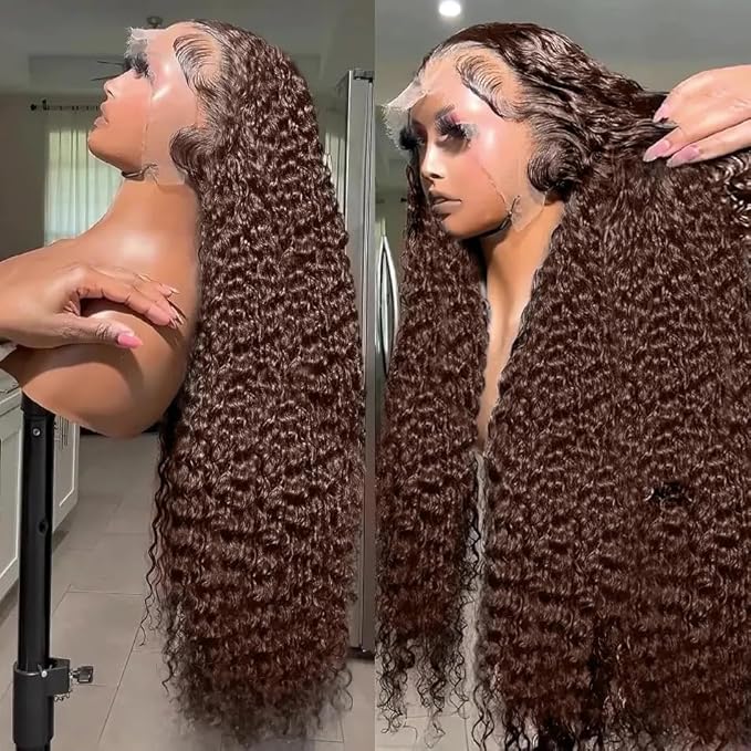 250% Density 13x6 FULL SKINLIKE HD Chocolate Brown Deep Curly lace front wigs Pre Plucked Real 0.10mm Ultra-thin Invisible Water Wave HD Lace Front Wigs Human Hair Small Knots Full Virgin Hair24 Inch