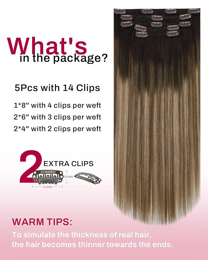 Moresoo Clip in Hair Extensions Real Human Hair Ombre Dark Brown to Dark Ash Blonde with Dark Blonde Remy Human Hair Clip in Extensions Balayage 5pcs 80g 18inch