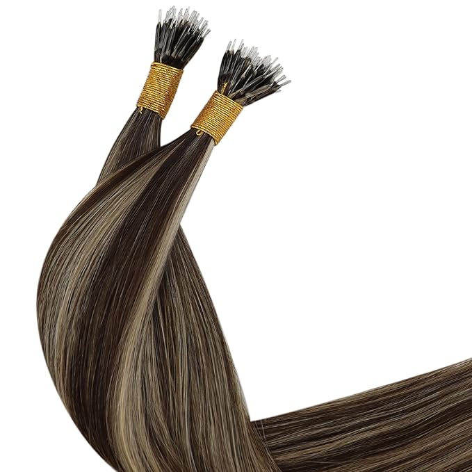YoungSee Nano Hair Extensions Real Human Hair Brown Highlight Nano Bead Human Hair Extensions Dark Brown Highlights Caramel Blonde Nano Ring Hair Extension Straight Cold Fusion 18inch 50s 50g