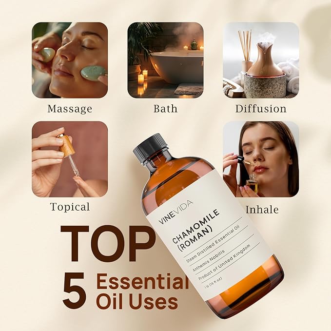 VINEVIDA Chamomile Roman Essential Oil 16 oz - Pure, Undiluted Chamomile Oil for DIY Candle Scents and Soap Making - Safe for Skin Topical Use