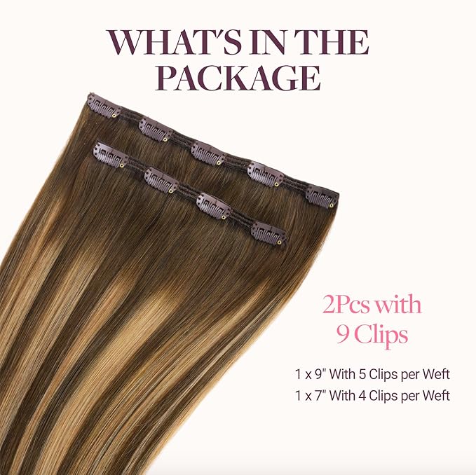 GOO GOO Clip in Hair Extensions Real Human Hair, Remy Human Hair Extensions Clip ins for Women, Natural Human Hair, 20inch 80g 2Pcs, #4/27/4 Balayage Chocolate Brown to Caramel Blonde
