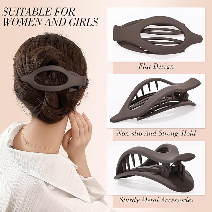 Obeoby 6 PCS Flat Hair Clips for Women, 3 Types French Flat Claw Clips for Thin Thick Hair Barrettes Large Medium (Off-white, dark brown)