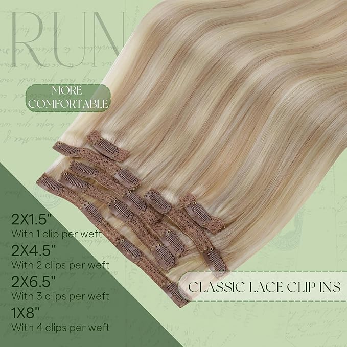 RUNATURE Blonde Clip in Hair Extensions, Real Human Hair Extensions Clip Ins for Women, Double Weft Natural Hair, 20 Inch 120g 7pcs, #18P60 Ash Blonde Highlights
