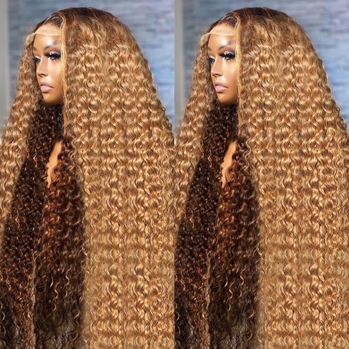 AMIRTY 360 Lace Front Wigs Human Hair Pre Plucked Honey Blonde 4/27 Deep Wave Lace Front Wigs with BabyHair Full 360 HD Transparent Drawstring Wig Human Hair Lace Front Human Hair Wigs for Women
