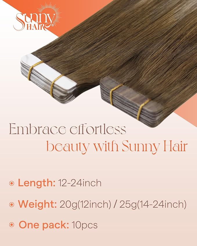 Sunny Hair Tape in Hair Extensions Real Human Hair Invisible Remy Hair Extensions Tape ins for Women Medium Brown Ombre PLatinum Blonde Balayage 16 inch 25G