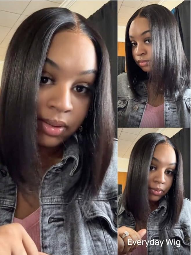 YIROO Yaki Straight Bob Human Hair Drawstring Wigs Pre Cut 7x5 HD Lace Front Wig Bye Bye Knots Glueless Yaki Short Bob Human Hair Wigs Pre Plucked Invisible Knots 150% Density Ready to Go 14Inch