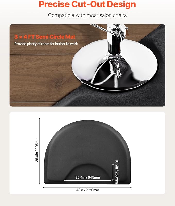 VEVOR Salon Mat for Hair Stylist, 3 x 4 FT Semi-Circle Salon Chair Mat, 1/2-inch Thickened Anti Fatigue Barber Shop Floor Mat with Round Cut Out, Easy-to-Clean PVC Surface & Anti-Trip Beveled Edges
