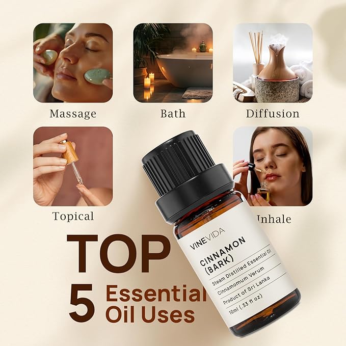 VINEVIDA Cinnamon Bark Essential Oil - Undiluted Cinnamon Oil - Candle Oil Scent - DIY Candle Scents - 10 mL for Soap Making & Skin Safe