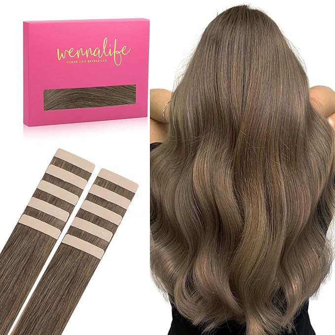WENNALIFE Tape in Hair Extensions Human Hair Light Ash Brown Tape in Extensions, 10pcs 20g 12 inch Remy Invisible Tape Ins Straight Colored Soft Real Human Hair Tape in Extensions Refill Set