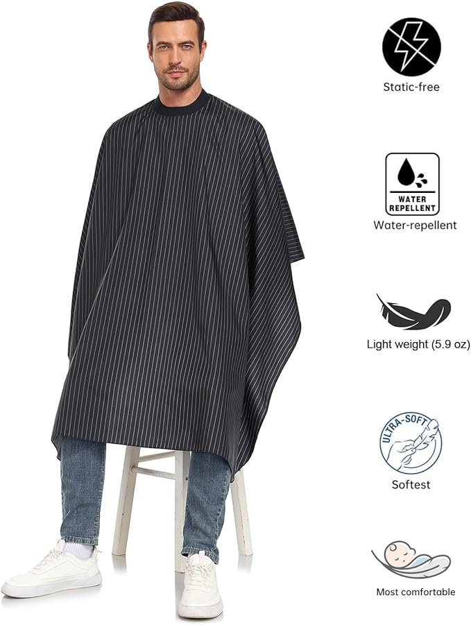 PERFEHAIR Pinstripe Barber Cape with Soft Silicon Neck Collar | Professional Hair Cutting Cape for Stylists & Adults | Hair & Water Repellent| Adjustable Snap Closure, 59" x 55", Black