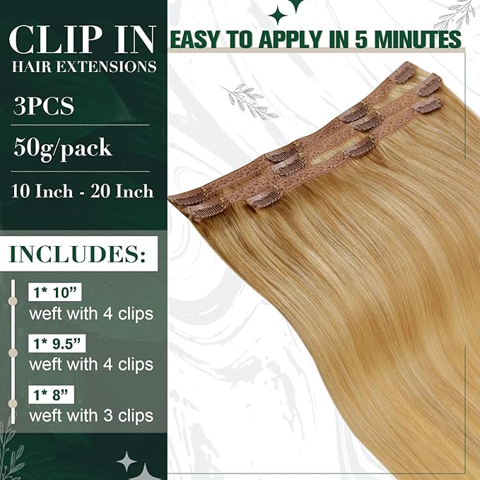 RUNATURE Clip in Hair Extensions Blonde Real Human Hair Clip in Extensions, Short Clip Hair Extensions Human Hair Blonde Highlights Remy Hair Add Hair Volume 12 Inch 50g 3pcs #16P24