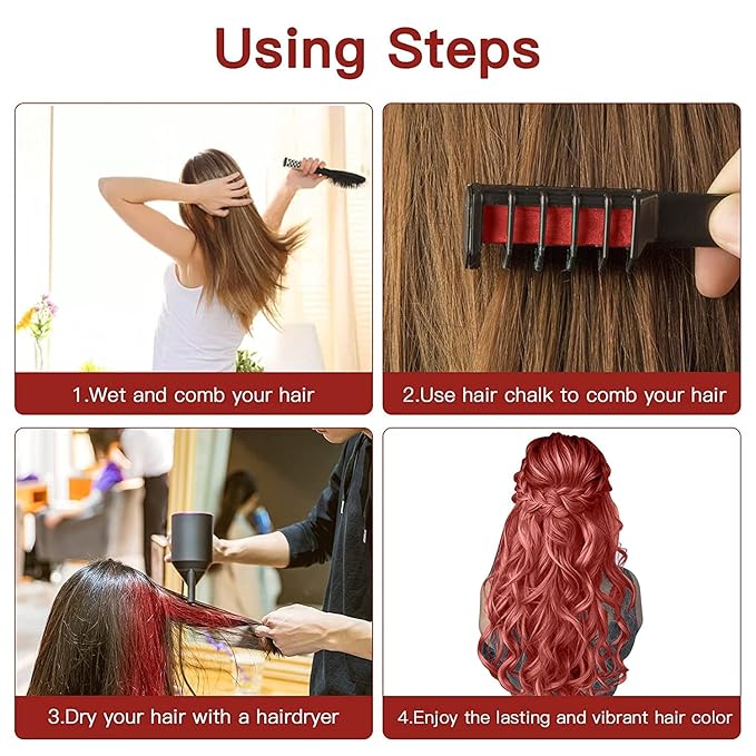 MSDADA New Hair Chalk Comb Temporary Hair Color Dye for Girls Kids, Washable Hair Chalk for Girls Age 4 5 6 7 8 9 10 Birthday Cosplay DIY, Halloween, Independence Day(Red & Blue)
