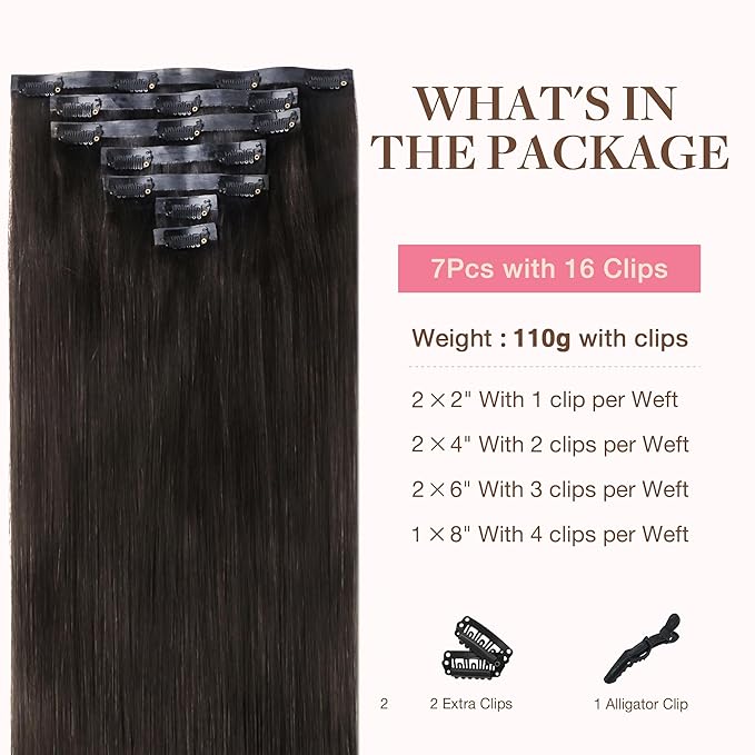 GOO GOO Clip in Hair Extensions Real Human Hair, Remy Human Hair Extensions Clip ins for Women, Natural Human Hair, 20inch 110g 7Pcs, 2 Dark Brown