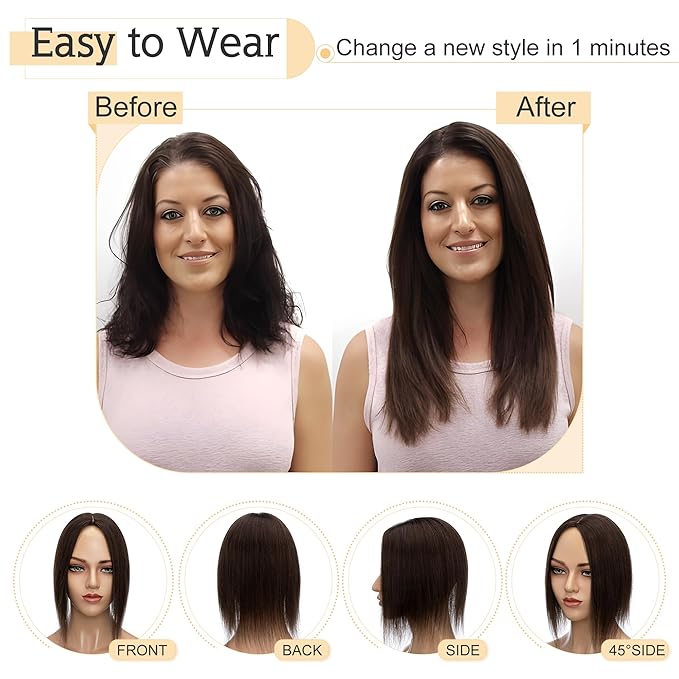 SEGO Human Hair Toppers for Women With Thinning Hair, 7 * 13CM Silk Base 100% Real Human Hair Clip in Top Wiglet Hairpieces -14 Inch No Bangs Dark Brown