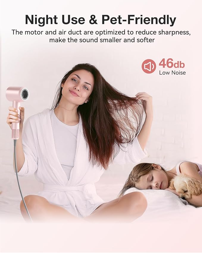 Hair Dryer, High-Speed Ionic Low Noise Blow Dryer with 160000 RPM Motor for Fast Drying, Thermo-Control Portable Hair Blow Dryer with Magnetic Nozzle for Home Travel Salon (P2306F Pink)