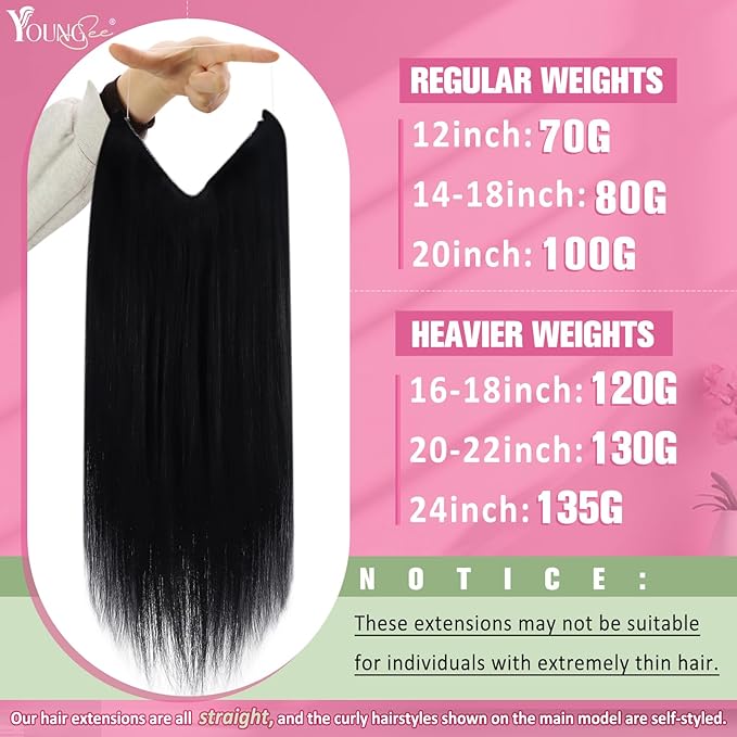 YoungSee 130G Black Wire Hair Extensions for Women Jet Black Hair Extensions Wire One Piece Hair Extension Real Human Hair Remy Hair 20Inch