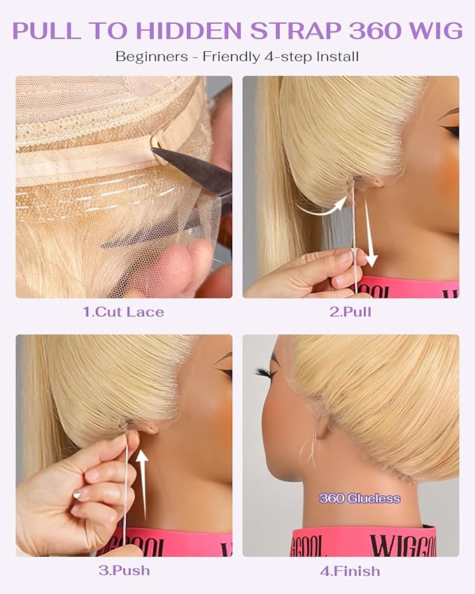 Hidden Strap Straight 360 613 Lace Front Wigs Human Hair Invisible Strap Pre Plucked 180% Density SALON-Quality Blonde Wig with Drawstring Glueless Wigs HD Full Lace Human Hair Wigs 28inch