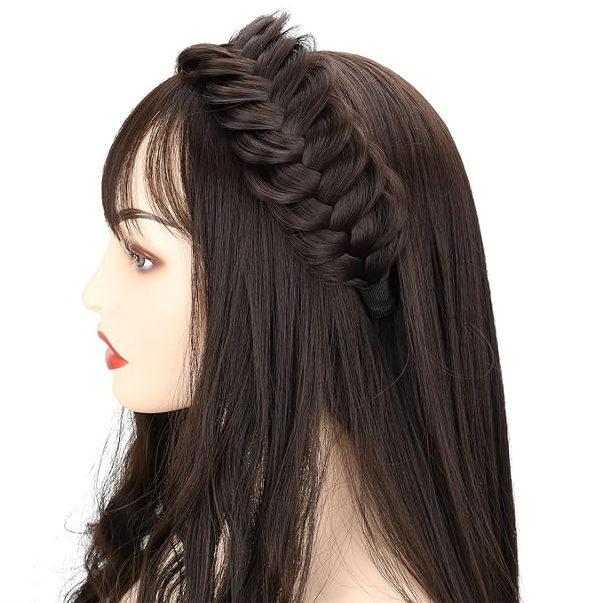 DIGUAN Wide Messy Braided Headband With Teeth Synthetic Hair Plaited Headband High Elasticity Braids Chunky Fishtail Braided Hair Band Hairpiece for Girls Women Beauty Accessory (Salt Pepper)