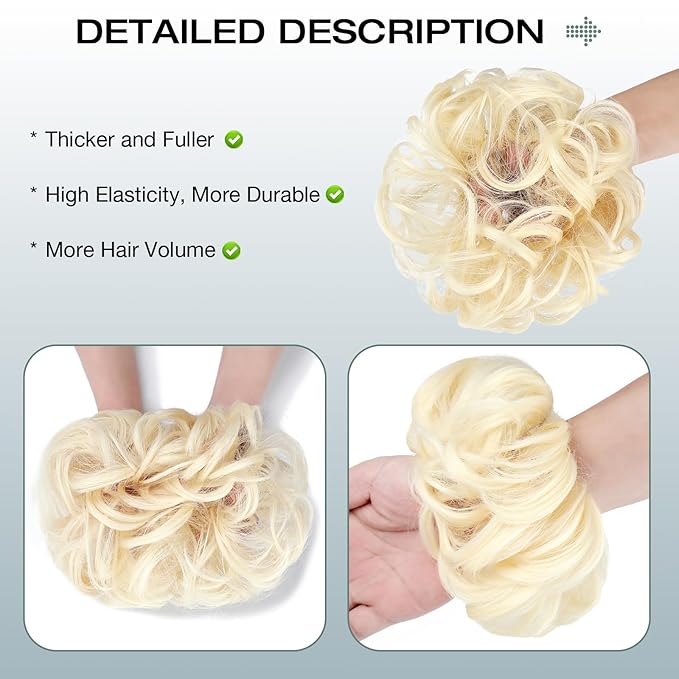 Messy Bun Hair Piece Wavy Curly Scrunchies Fluffy Donut Thick Updo Elegant Chignon Hairpieces for Women Girls, Bleach Blonde 1.4oz