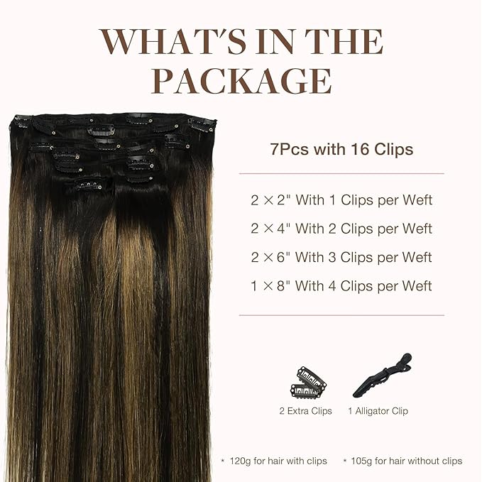 GOO GOO Clip in Hair Extensions Real Human Hair, Remy Human Hair Extensions Clip ins for Women, Natural Human Hair, 12inch 85g 7Pcs, 1B/6/1B Balayage Natural Black to Chestnut Brown