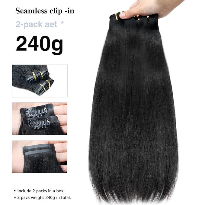 Yaki Straight Clip in Hair Extensions Real Human Hair 2 Pack 240g Seamless Clip ins for Women Full Max with 16Pcs Remy Human Hair Extensions PU Skin Weft 16inch Natural Black