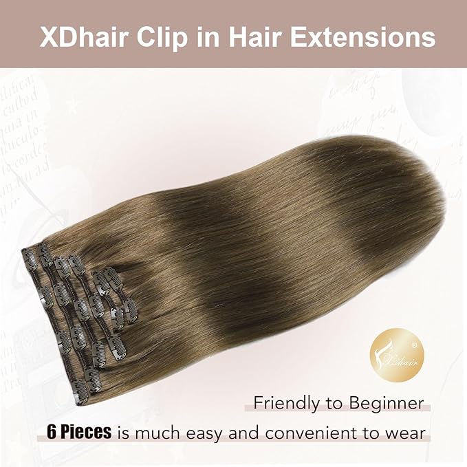 XDhair Clip in Hair Extensions Human Hair,120g 20 Inch Ash Brown Clip in Human Hair Extensions for Women 6 Pieces (#8,20Inch)