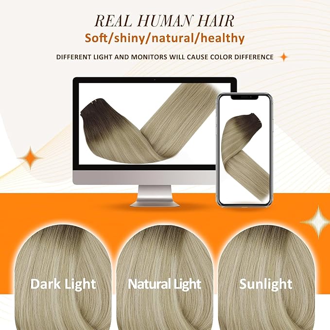 Full Shine Human Hair Clip in Extensions 16 Inch Ombre Dark Brown to Ash Blonde and Platinum Blonde Real Human Hair Clip ins Extension Thick End 8 PCS 120 Grams