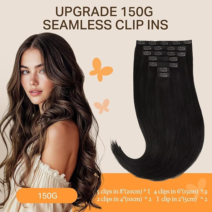 DOORES Clip in Hair Extensions Human Hair, Natural Black 150g 7pcs 22 Inch,Human Hair Extensions Invisible Edge Clip-in Natural Weft for Women